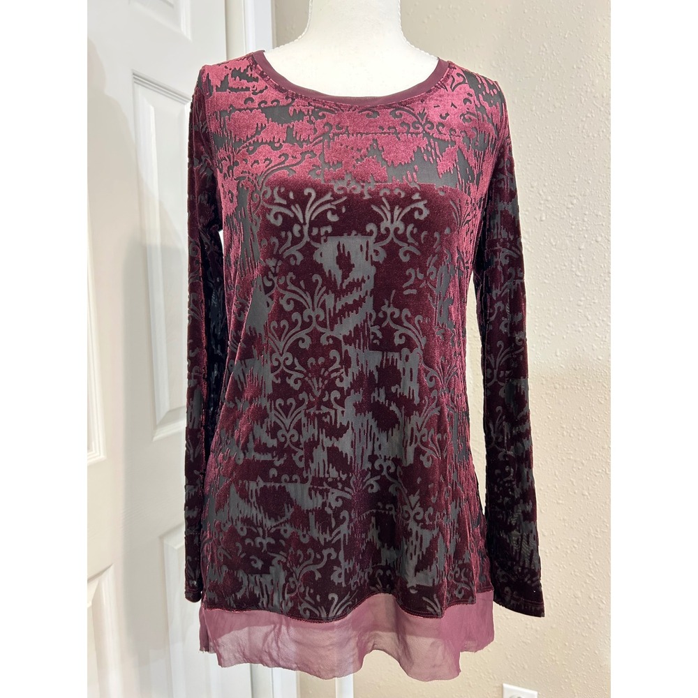 Whimsigoth Y2K Fairycore Burgundy Burnout Velvet Sheer Mesh Tunic Top PS Petite